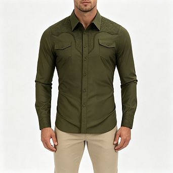 Men Collared Vintage Embroidered Dual Chest Pockets Long Sleeve Slim Shirt