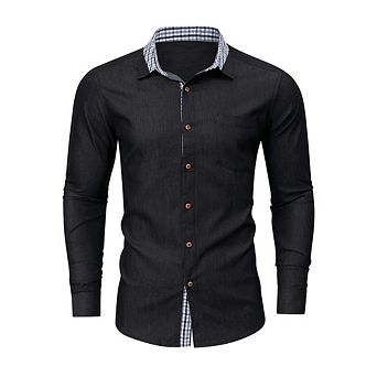 Men Plaid Contrast Lining Collared Long Sleeve Business Shirt