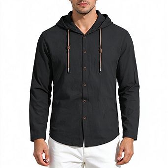 Men Hooded Drawstring Button Down Long Sleeve Casual Shirt