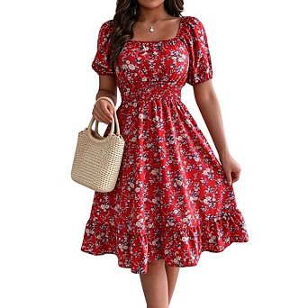 Women Casual Floral Print Square Neck Short Sleeve High Waist A Line Flowy Sundress