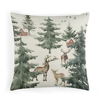 Throw Pillow Cases, Watercolor Winter Forest Deer Print Cushion Case for Bedroom Decor