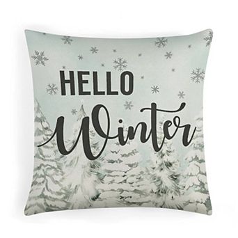 Decorative Pillow Covers, Hello Winter Snowy Forest Print Cushion Case for Sofa Decor