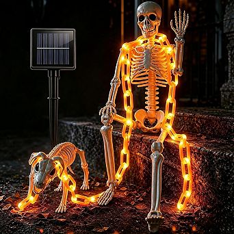 Fieldview 2 Pack 3Ft Posable Skeleton and Dog Skeleton with 4.9Ft Solar Glowing Orange Chain