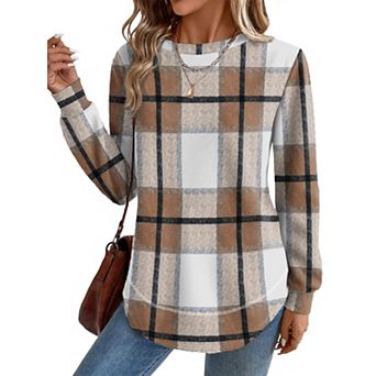 Womens Crew Neck Tunic Long Sleeve Loose Fit Curved Hem Shirt