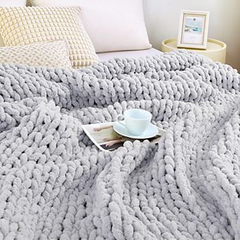 Chunky Cable Knit Chenille Throw Blanket Handcrafted Durable Cozy Machine Washable