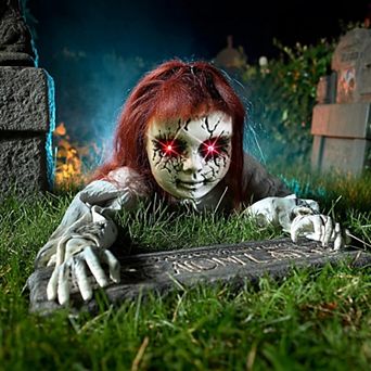 Fieldview Animated Crawling Zombie Halloween Prop Sound Activated with Lighted Eyes for Yard