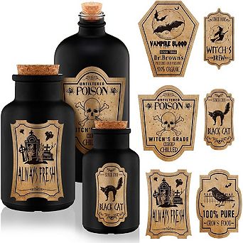 Fieldview 3 Pack Halloween Glass Potion Bottles with Cork Lids and 12 Apothecary Labels Black