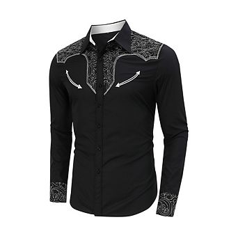 Men Collared Embroidered Contrast Cuff Long Sleeve Slim Shirt
