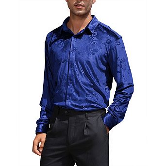 Men Collared Floral Jacquard Velvet Texture Long Sleeve Slim Shirt
