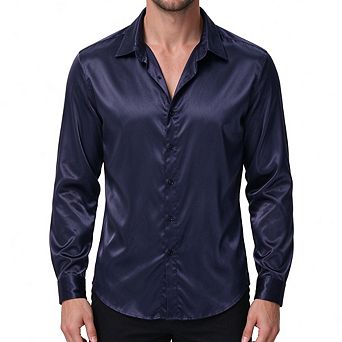 Men Collared Satin Long Sleeve Business Casual Shirt