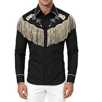 Men Collared Fringe Embroidered Contrast Piping Long Sleeve Slim Shirt