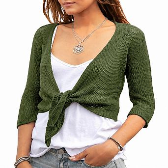 Women's Tie Front 3/4 Sleeve Sheer Lightweight Knit Shrug Cardigan