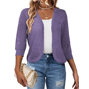 Women's Cropped 3/4 Sleeve Hollowed Lightweight Cardigan Shrugs