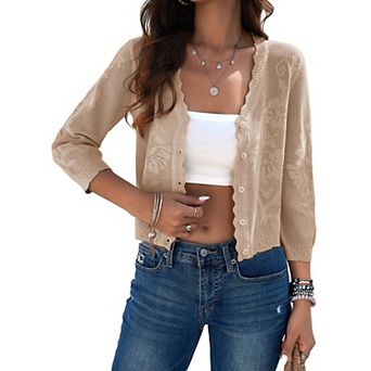 Women Crochet Crop Cardigan 3/4 Sleeve Lightweight Floral Shrug