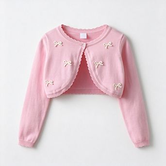 Girls' 100% Cotton Bow-Accent Knit Cardigan with Long Sleeves