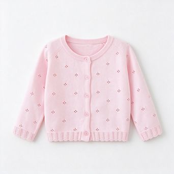 Girls' 100% Cotton Round-Neck Openwork Knit Long-Sleeve Cardigan