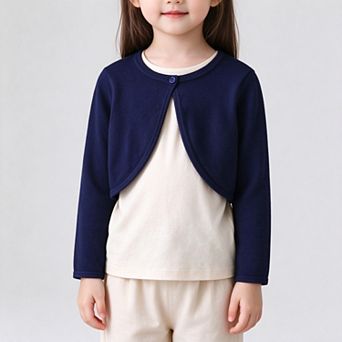 Girls' 100% Cotton Knit Bolero Cardigan, Cropped Fit, Long Sleeves, Round Neck