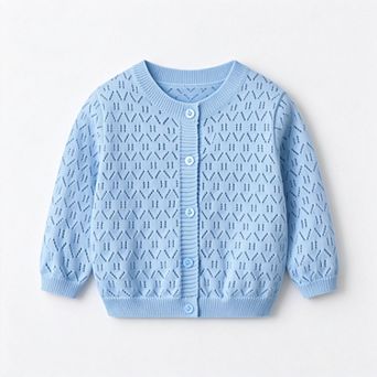 Girls' 100% Cotton Openwork Knit Long-Sleeve Open-Front Cardigan