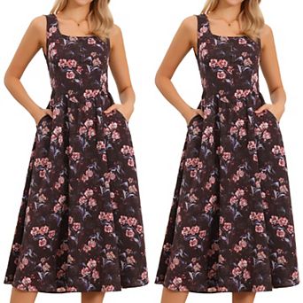 2 Packs Sleeveless Floral Dress for Women's Summer Midi Dress Square Neck Sundress with Pockets