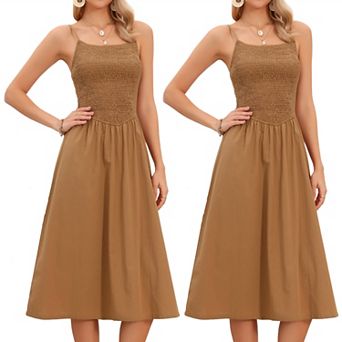 2 Packs Spaghetti Strap Dress for Women Smocked A Line Swing Flowy Summer Beach Midi Dresses