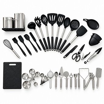 41 pc Silicone & Stainless Steel Kitchen Utensil Set with Holder for Nonstick Cookware