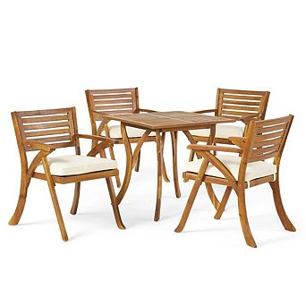 Outdoor 5 pc Acacia Wood Dining Set with Cream Cushions Teak Finish Patio Table & Chairs