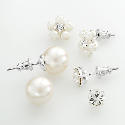 Silver Tone Simulated Pearl & Simulated Crystal Flower Stud Earring Set
