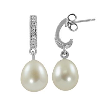PearLustre by Imperial Sterling Silver Freshwater Cultured Pearl and Diamond Accent J-Hoop Earrings