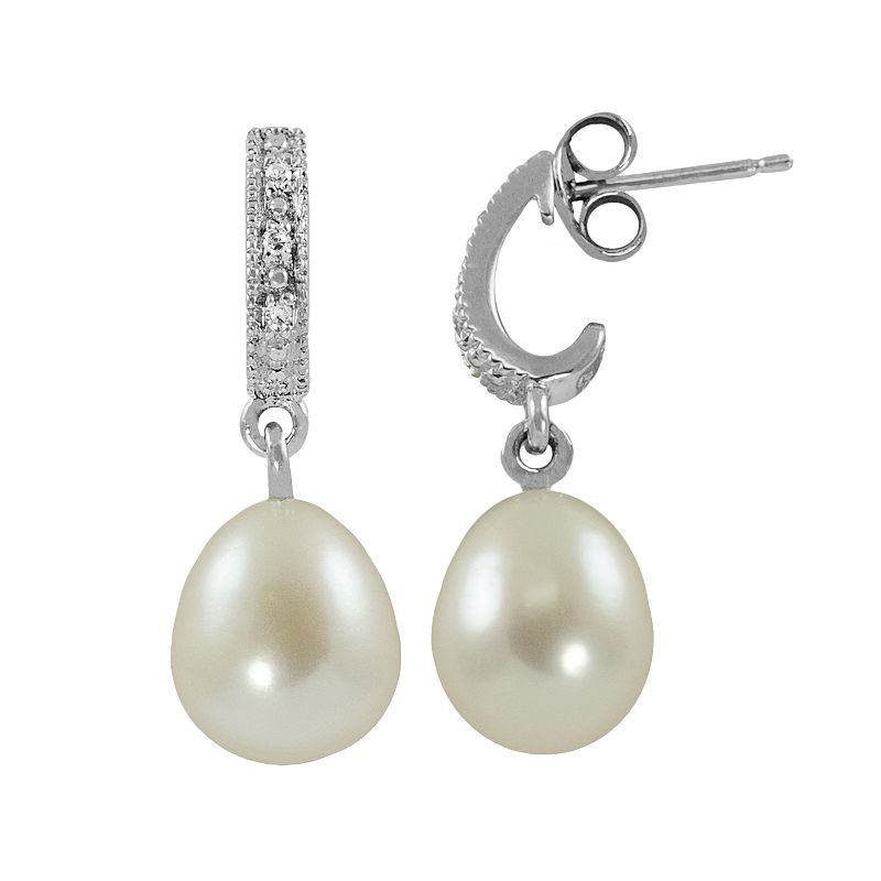 Sterling Silver Freshwater Cultured Pearl and Diamond Accent J-Hoop Earring