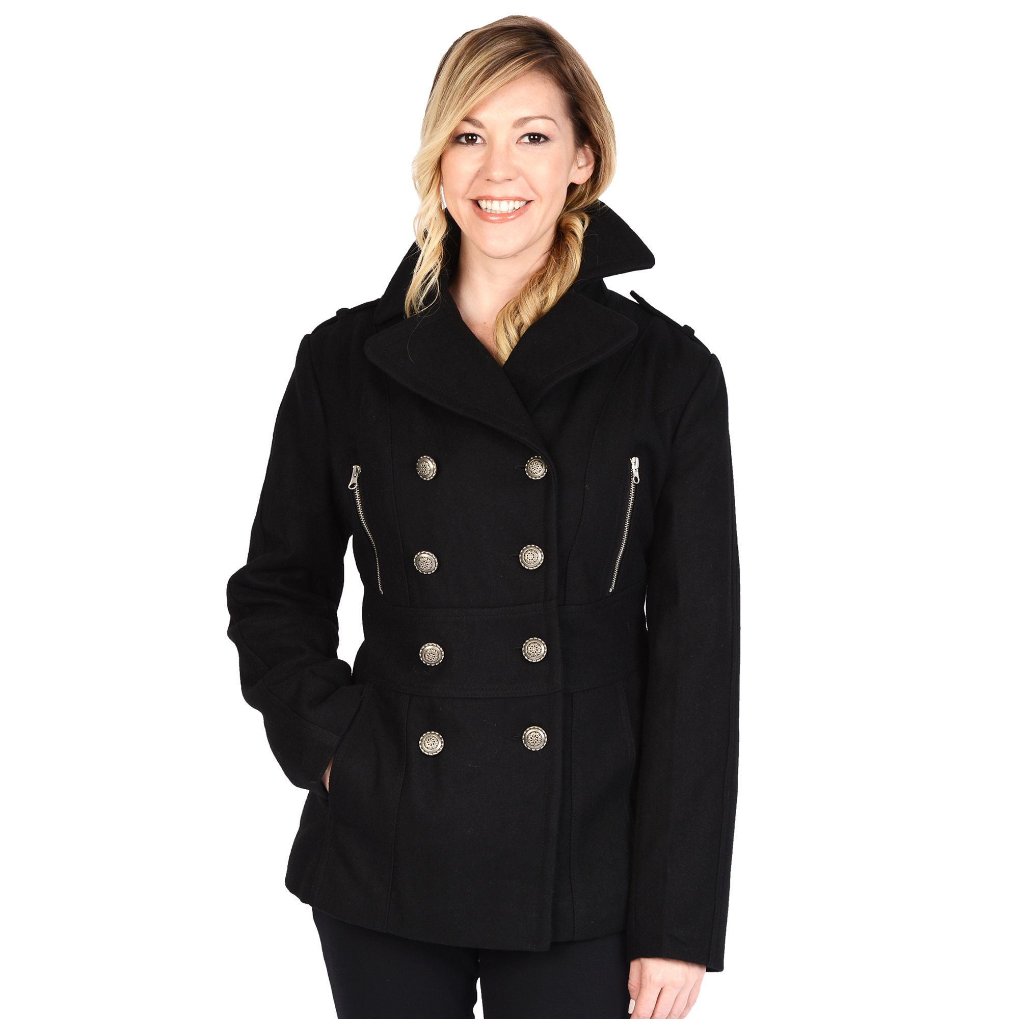 Womens Excelled Military Wool Blend Peacoat, Size: Small, Black