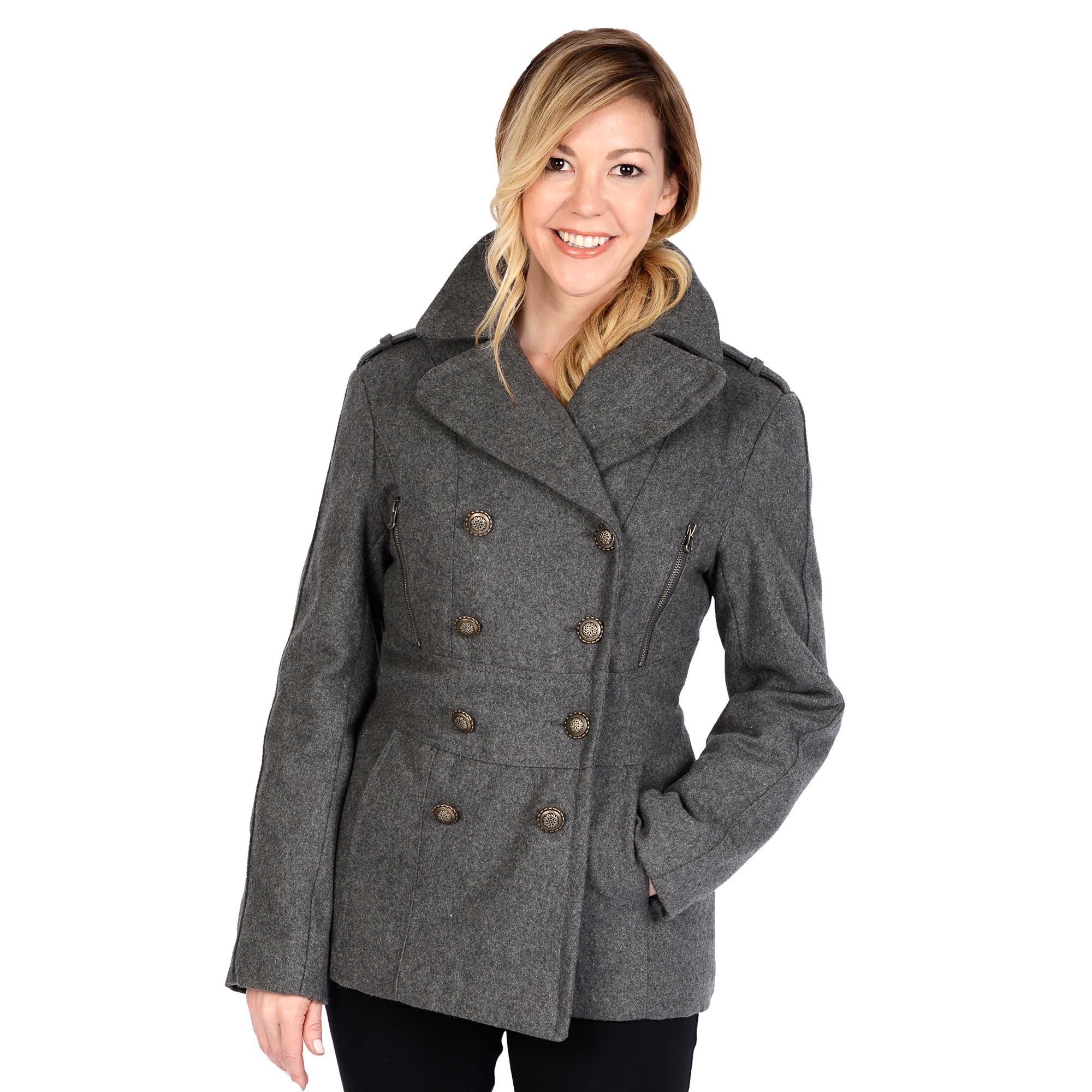 Womens Excelled Military Wool Blend Peacoat, Size: Small, Grey
