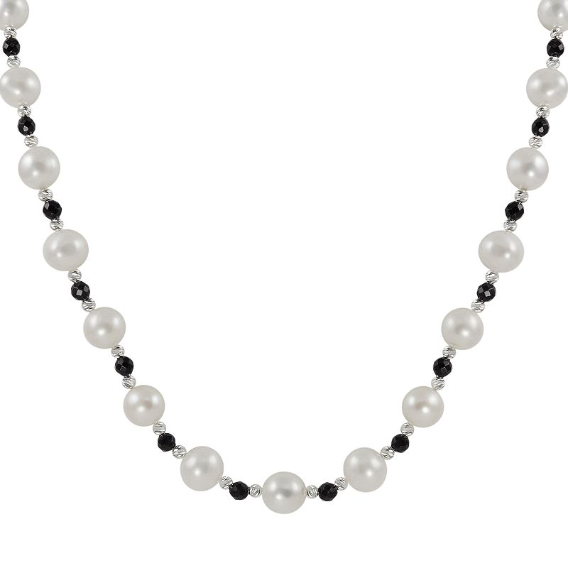 Sterling Silver Freshwater Cultured Pearl and Onyx Bead Necklace, Womens, 