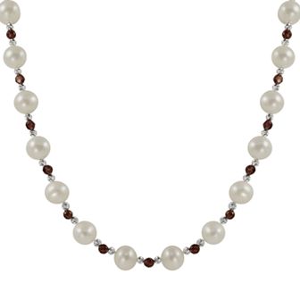Sterling Silver Freshwater Cultured Pearl and Garnet Bead Necklace