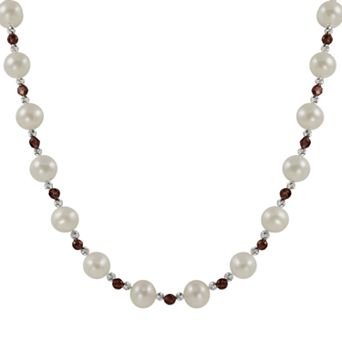 PearLustre by Imperial Sterling Silver Freshwater Cultured Pearl and Garnet Bead Necklace