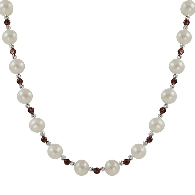 Sterling Silver Freshwater Cultured Pearl and Garnet Bead Necklace, Womens