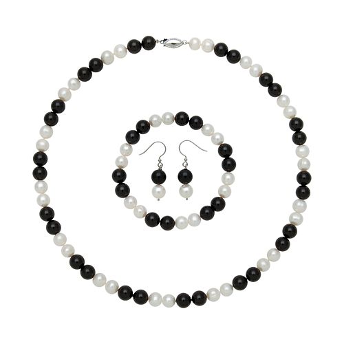 Sterling Silver Freshwater Cultured Pearl & Onyx Bead Necklace, Stretch ...