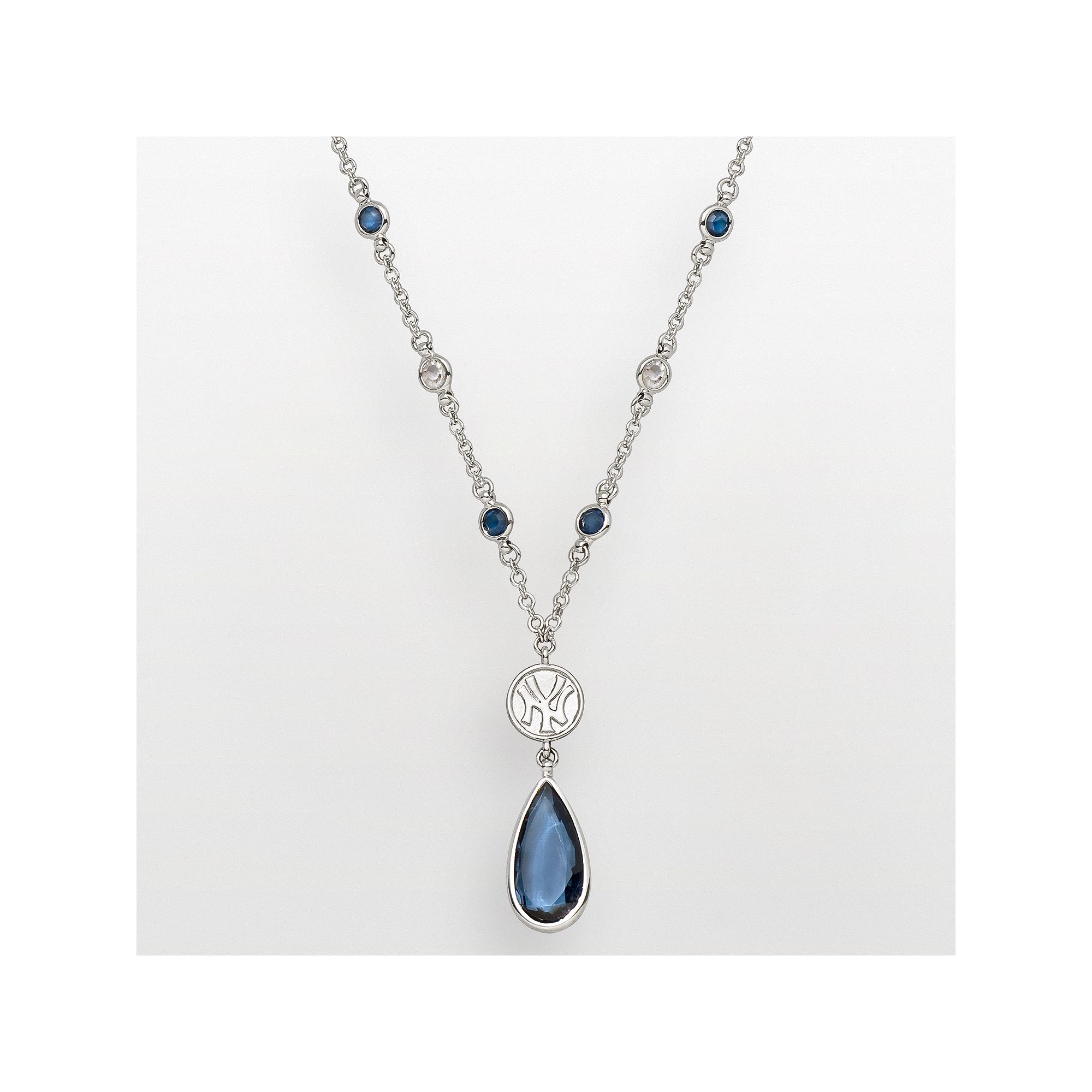 LogoArt New York Yankees Silver Tone Teardrop Crystal Y Necklace, Womens, 