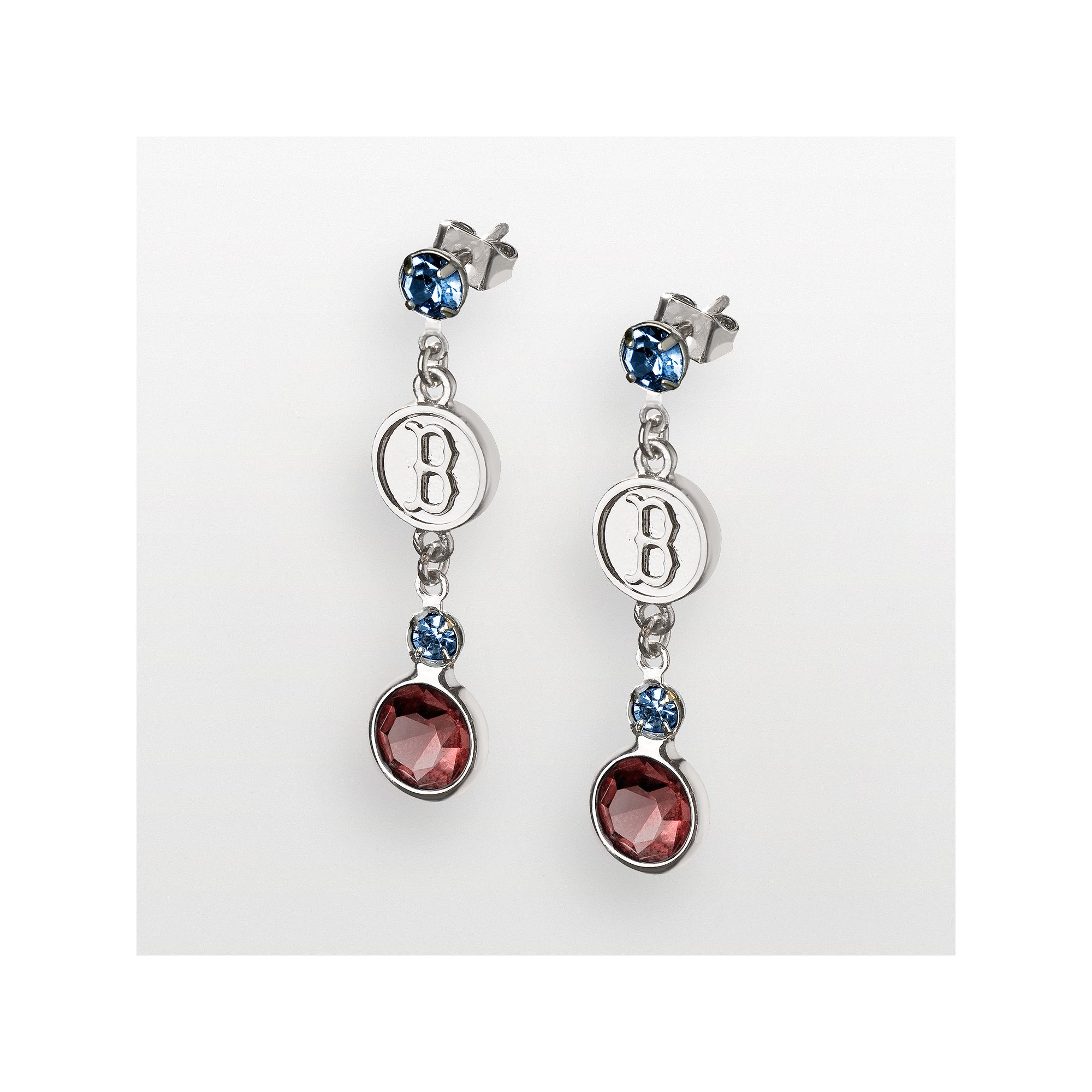 LogoArt Boston Red Sox Silver Tone Crystal Logo Linear Drop Earrings, Women