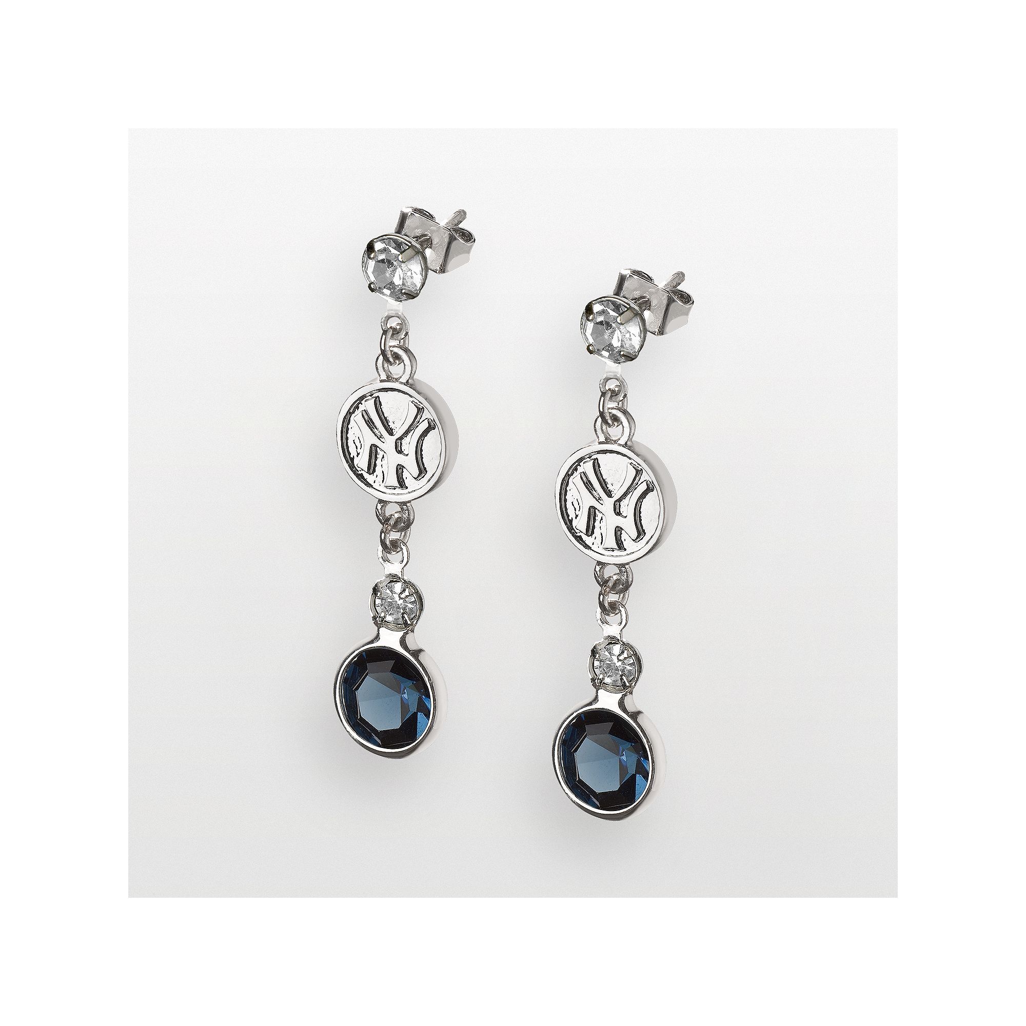 LogoArt New York Yankees Silver Tone Crystal Logo Linear Drop Earrings, Wom