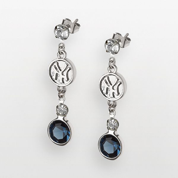 Logoart New York Yankees Silver Tone Crystal Logo Linear Drop Earrings