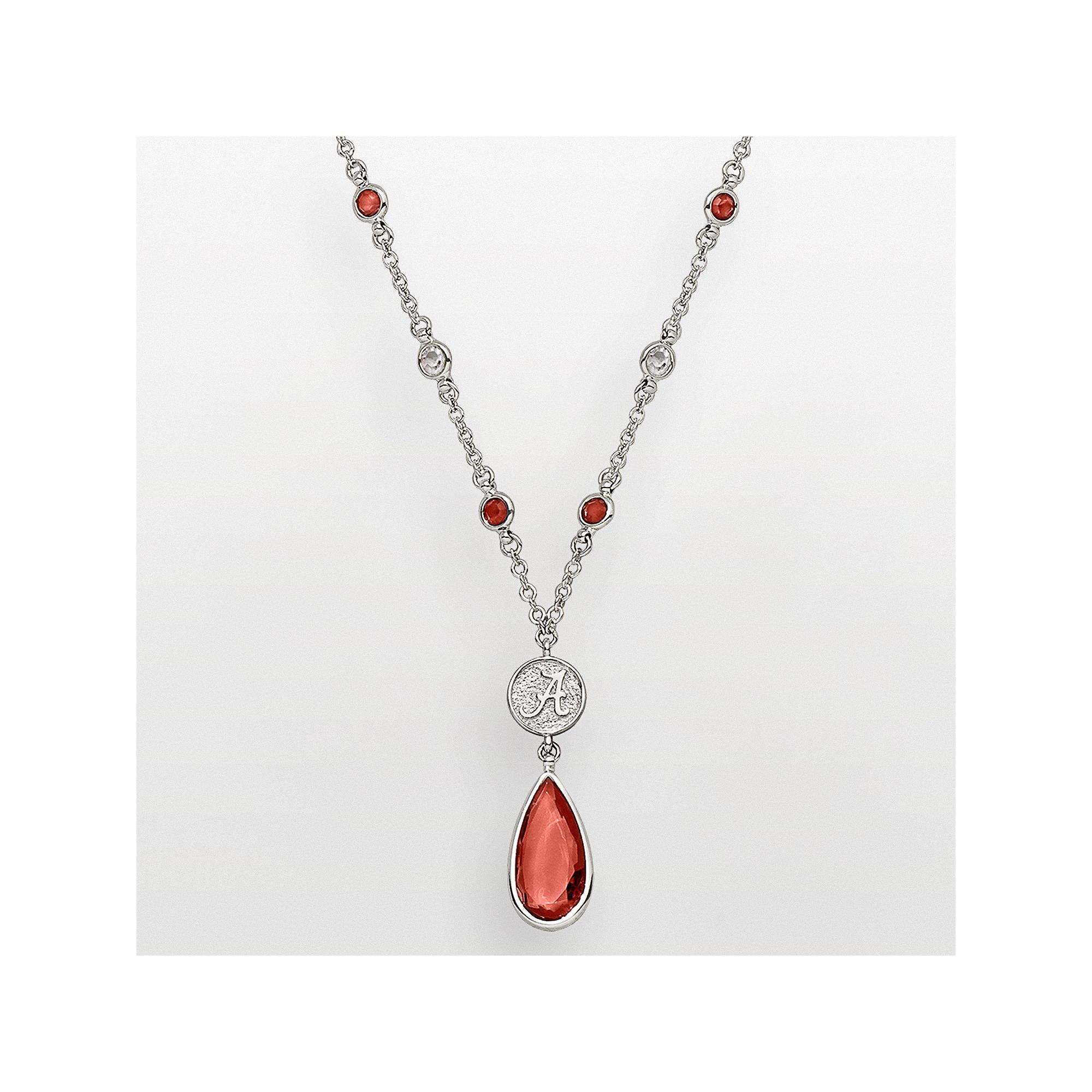 LogoArt Alabama Crimson Tide Silver Tone Crystal Logo Teardrop Y Necklace, 