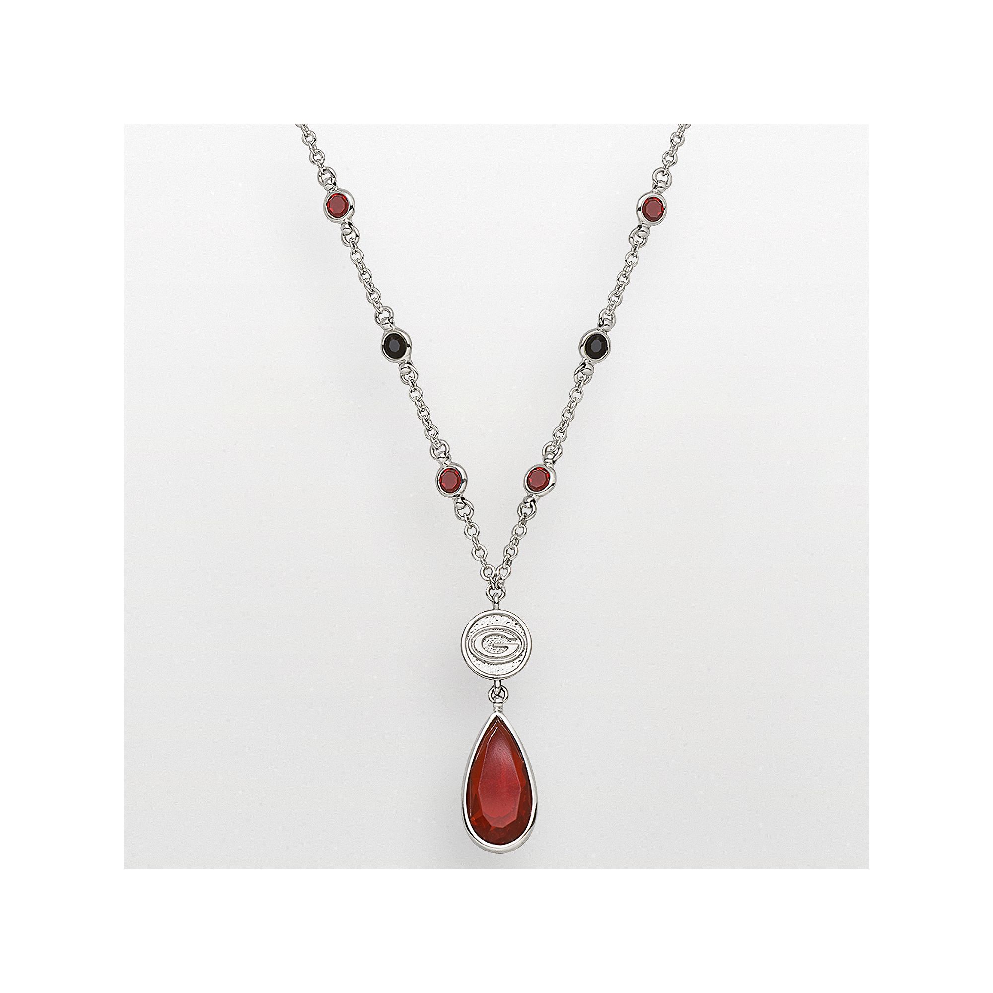 LogoArt Georgia Bulldogs Silver Tone Crystal Logo Teardrop Y Necklace, Wome