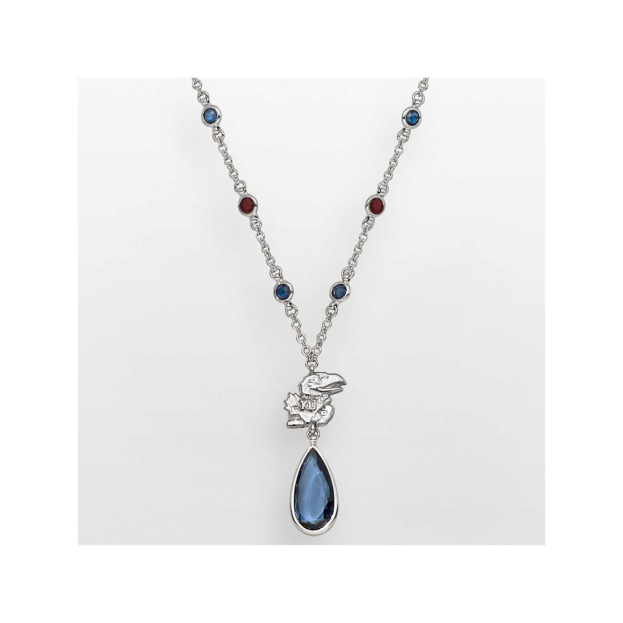 LogoArt Kansas Jayhawks Silver Tone Crystal Logo Teardrop Y Necklace, Women
