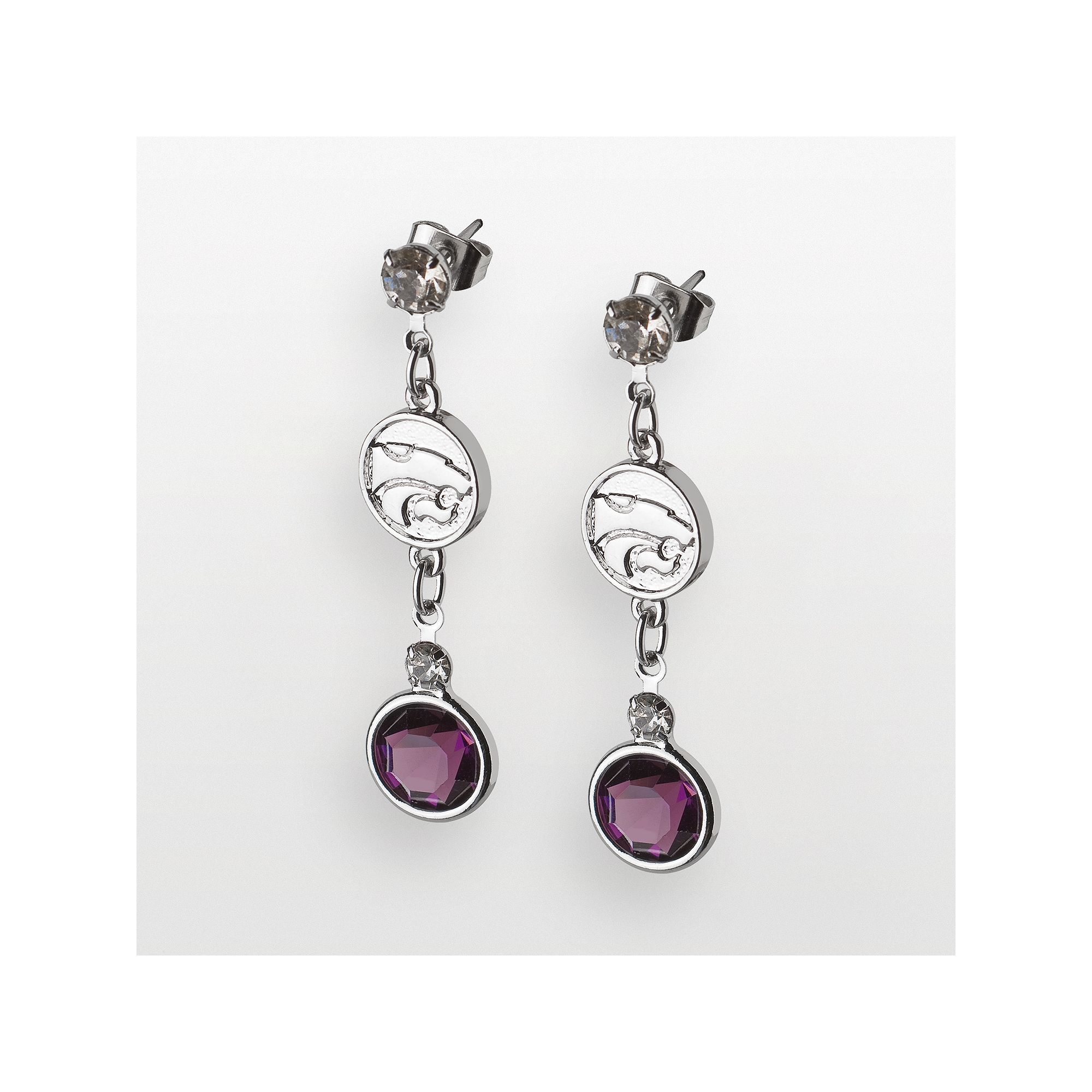 LogoArt Kansas State Wildcats Silver Tone Crystal Logo Linear Drop Earrings