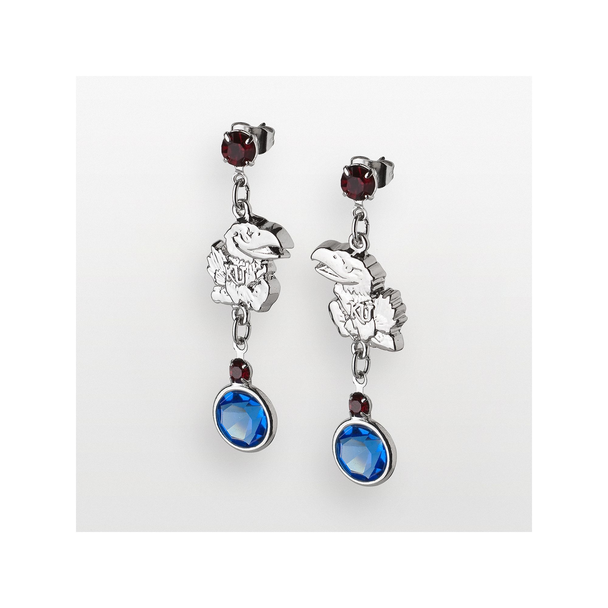 LogoArt Kansas Jayhawks Silver Tone Crystal Logo Linear Drop Earrings, Wome