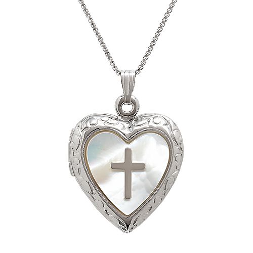 Sterling Silver MotherofPearl Cross Heart Locket