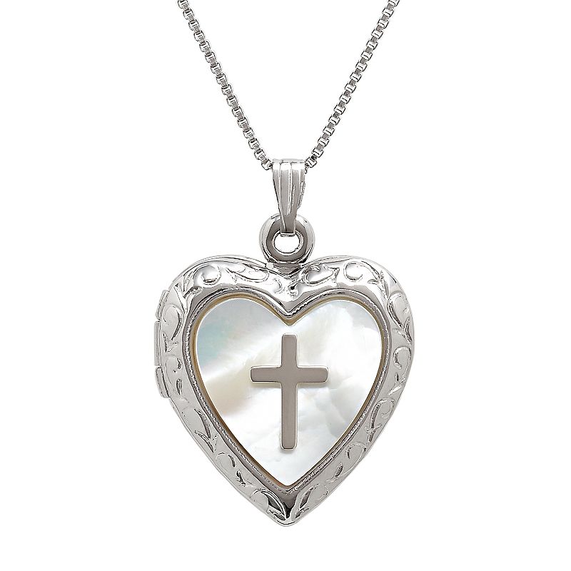Sterling Silver Mother-of-Pearl Cross Heart Locket, Womens, White