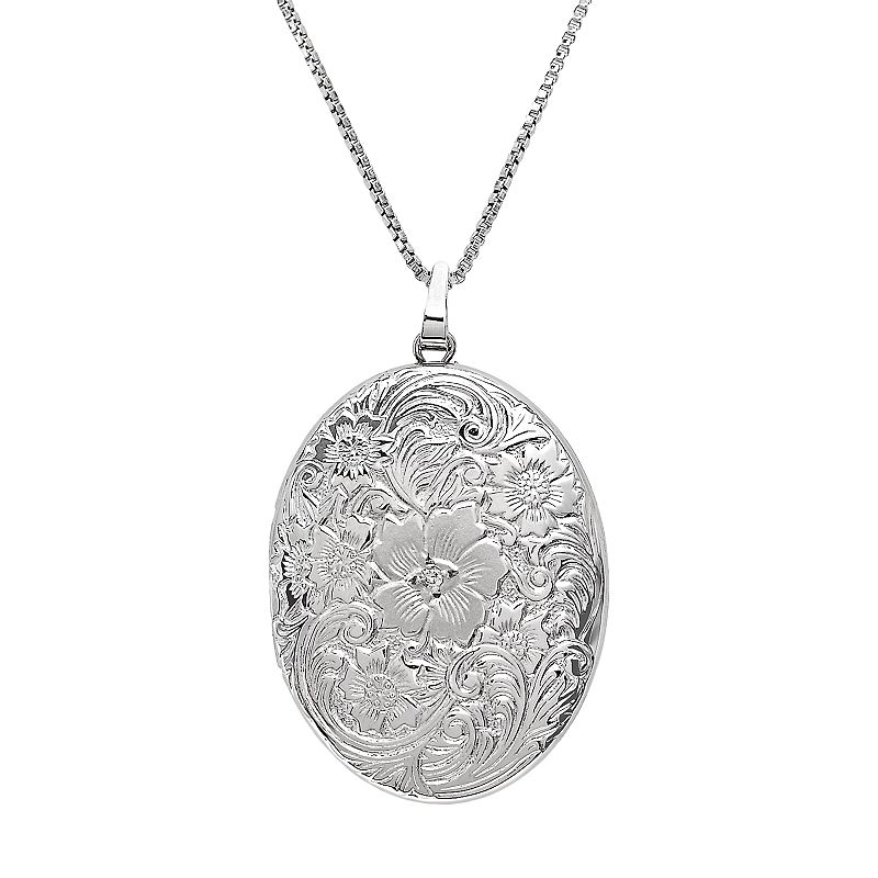 Sterling Silver Diamond Accent Flower Oval Locket, Womens, Grey