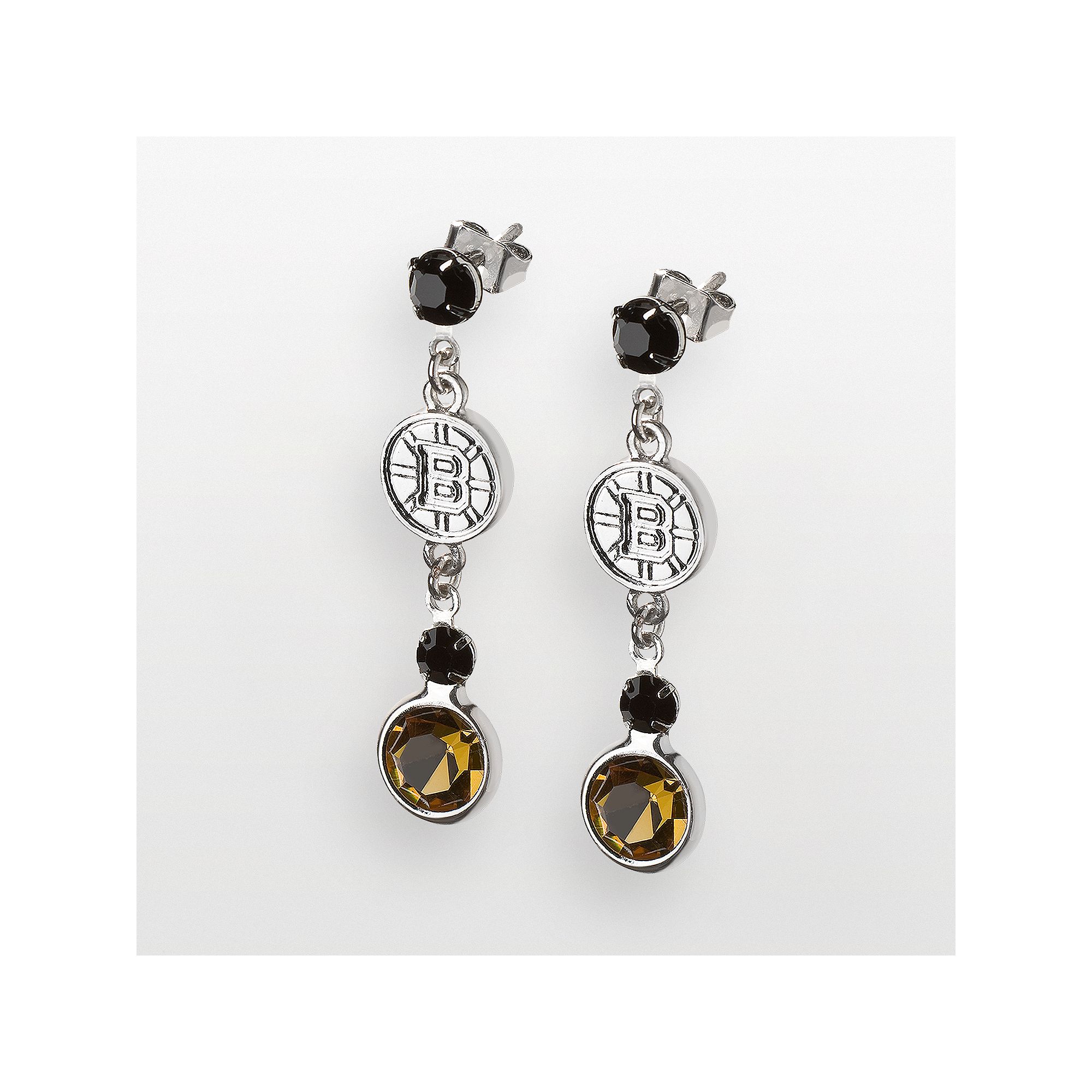 LogoArt Boston Bruins Silver Tone Crystal Logo Linear Drop Earrings, Women