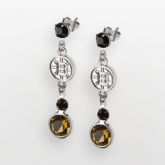 LogoArt Boston Bruins Silver Tone Crystal Logo Linear Drop Earrings